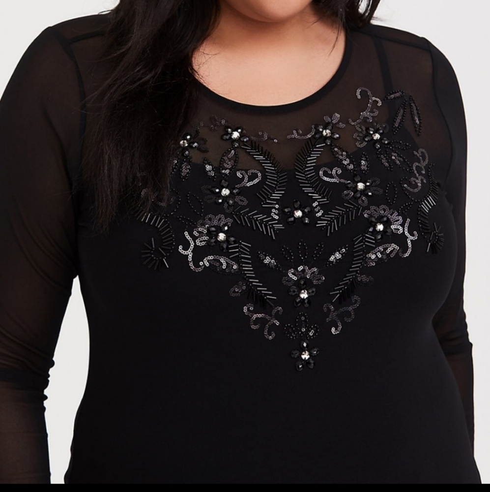 New black mesh long sleeve top with stone front